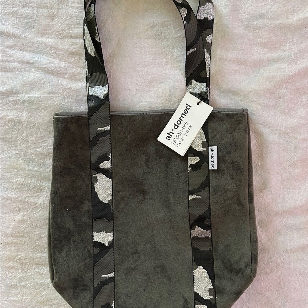 Ahdorned Velour Tote Bag in Gray with Army Camo Straps
